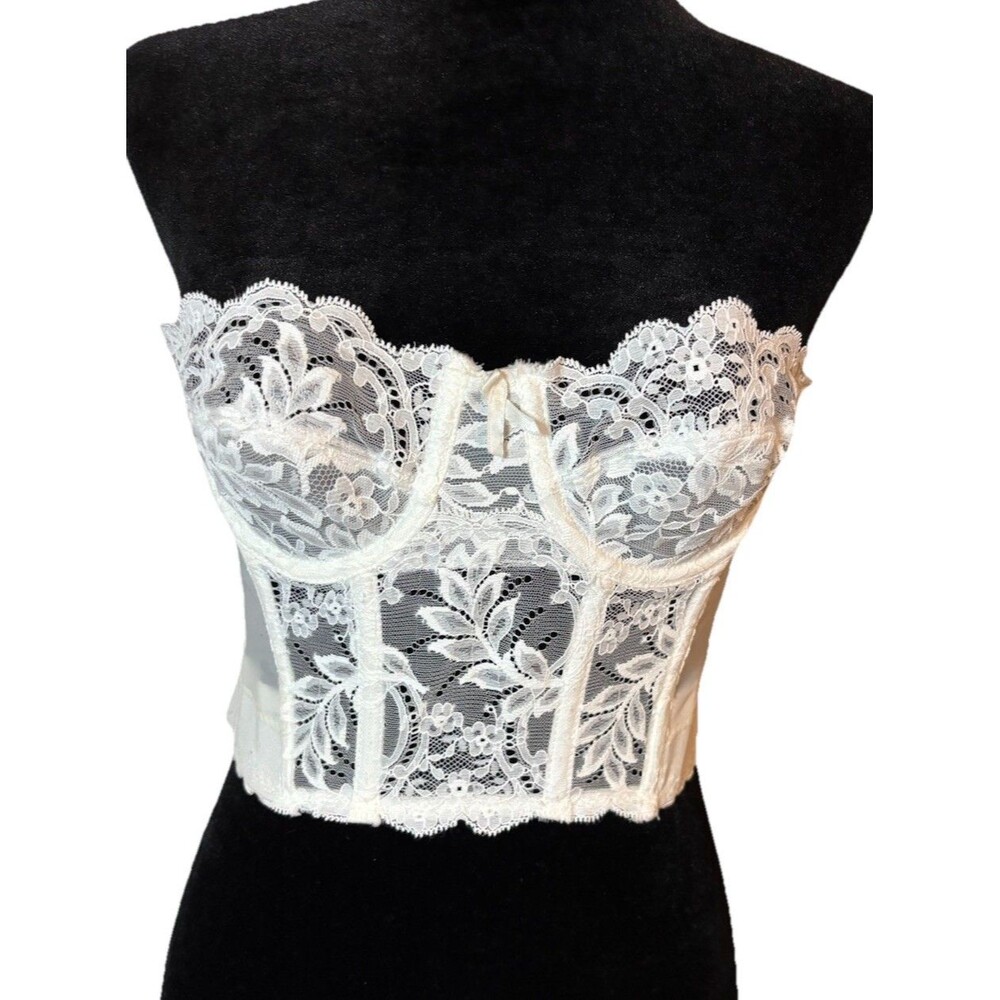 Vintage Fleur De Lace Smoothie White Romantic Bustier Strapless Bra Corset 34A